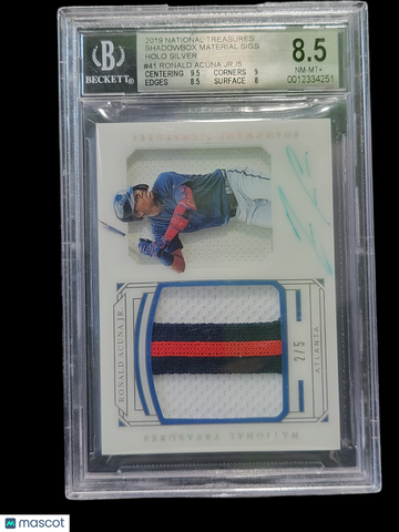 2019 Panini Treasures Shadowbox Material Signatures Holo Silver Ronald Acuna Jr. #41 /5 BGS 8.5 Auto 9