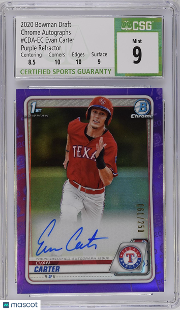 2020 Bowman Draft Evan Carter #CDA-EC Purple Refractor Chrome Prospect Autographs CGC 9