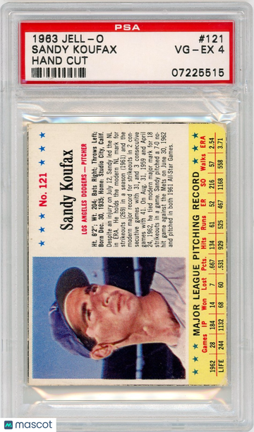 1963 Jell-O Sandy Koufax #121 Hand Cut PSA 4