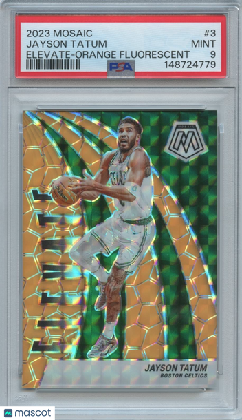 2023-24 Panini Mosaic Jayson Tatum #3 Fluorescent Orange Mosaic Prizm Parallel/Variety Insert PSA 9