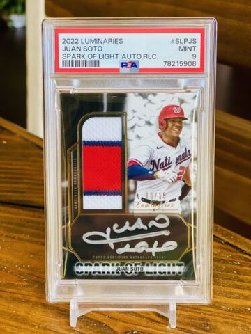 Juan Soto Game Used Jersey Auto /15 POP 1 Spark of Light Luminaries Relic PSA 9