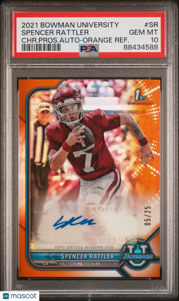 2021 Bowman University Chrome Prospect Autographs Spencer Rattler #SR CHR. Pros. Auto Orange Refractor /25 PSA 10