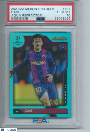 2021-2022 Topps Merlin Chrome UEFA League Gavi #107 Aqua Refractor PSA 10