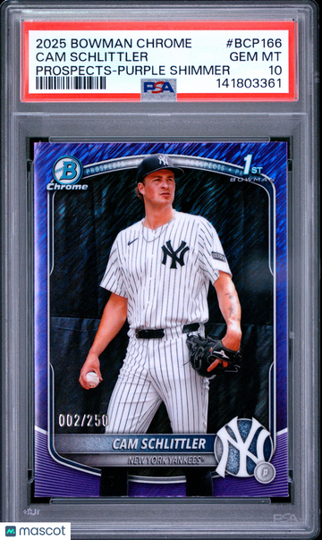 2025 Bowman Chrome Prospects Cam Schlittler #BCP166 Purple Shimmer /250 PSA 10
