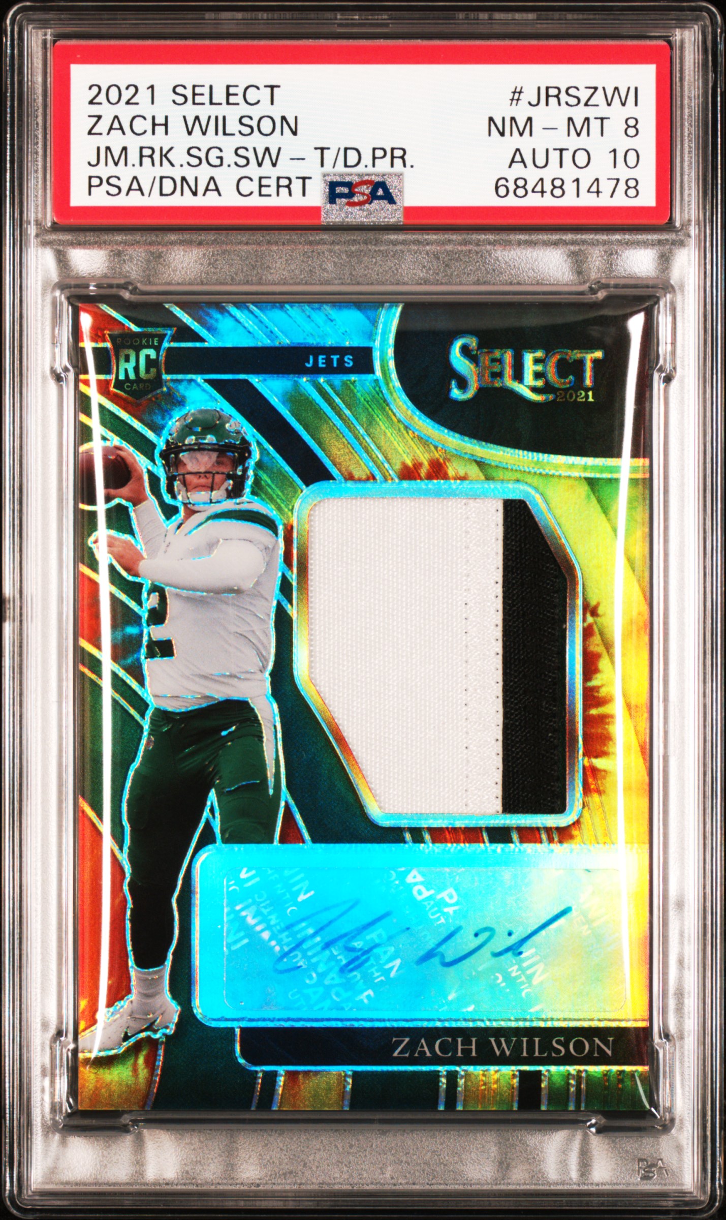 2021 Select Jumbo Rookie Signature  Zach Wilson Tie Dye #20/25 - PSA 8, Auto 10