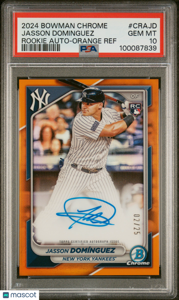 2024 Bowman Chrome Chrome Rookie Autographs Jasson Dominguez #CRAJD Orange Ref /25 PSA 10