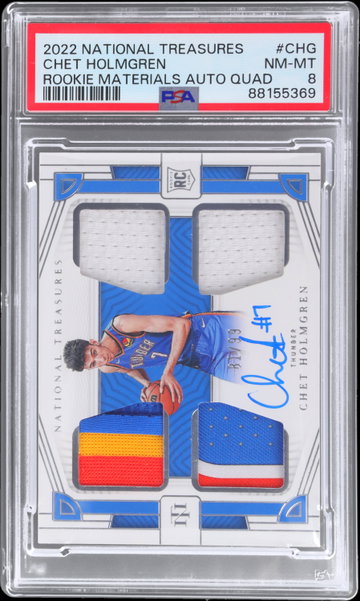 2022-23 National Treasures Chet Holmgren #RMQ-CHG PSA 8 RC Rookie Quad Materials Autograph 61/99 Basketball NM-MT