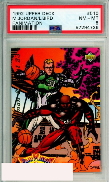 1992 UPPER DECK FANIMATION MICHAEL JORDAN LARRY BIRD #510 HOF PSA NM-MT 8