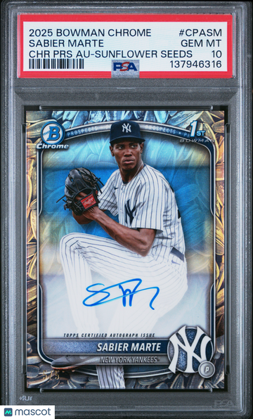 2025 Bowman Chrome Prospect Autographs Sabier Marte #CPASM PRS Sunflower Seeds /5 Rookie PSA 10