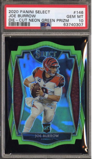 2020 Panini Select 146 Joe Burrow Die-Cut Neon Green Prizm GEM MINT PSA 10
