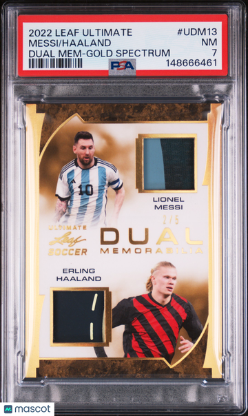 2022 Leaf Ultimate Lionel Messi / Erling Haaland #UDM13 Dual Memorabilia Gold Spectrum /5 PSA 7
