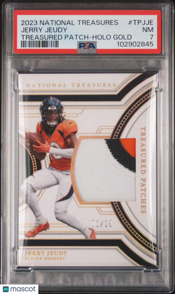 2023 Panini National Treasures Treasured Patches Jerry Jeudy Holo Gold 01/10 #TPJJE PSA 7 Denver Broncos