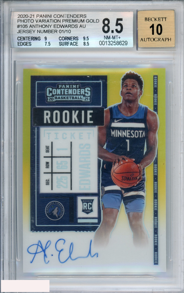 2020 CONTENDERS ANTHONY EDWARDS ROOKIE TICKET AUTO GOLD 1 OF 10 BGS 8.5 AUTO 10