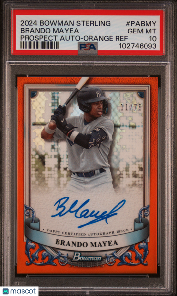 2024 Bowman Sterling Prospect Autographs Brando Mayea #PABMY Orange Ref /75 PSA 10