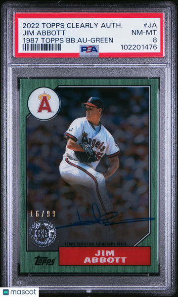 2022 Topps Clearly Authentic 1987 Topps Baseball Autographs Jim Abbott #JA BB. Au Green /99 PSA 8