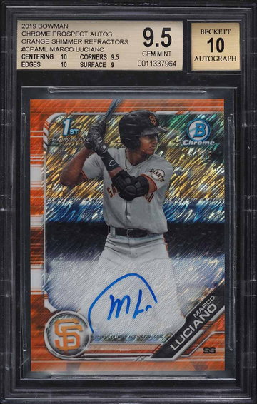 Marco Luciano 2019 Bowman Prospect Chrome Autograph Orange Shimmer Refractor #/25 , BGS 9.5 , 10 Auto