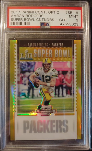 2017 Contenders Optic Aaron Rodgers Super Bowl gold prizm /10 PSA 9