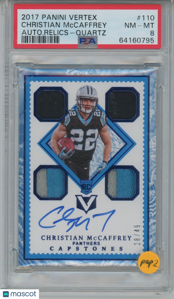 2017 Panini Vertex Christian McCaffrey #110 Patch Parallel/Variety Rookie Memorabilia Insert PSA 8