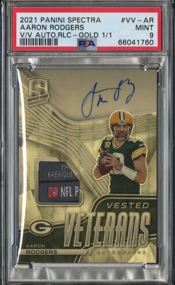 2021 Panini Spectra Aaron Rodgers Vested Veterans Superfractor gold vinyl laundry Tag Auto 1/1 PSA 9 Mint