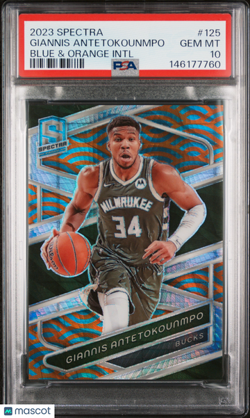 2023-24 Panini Spectra Giannis Antetokounmpo #125 Blue & Orange Intl /25 Short Print Parallel/Variety PSA 10