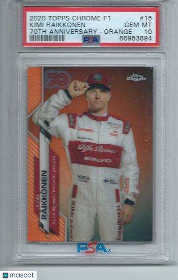 2020 Topps Chrome Formula 1 Kimi Raikkonen #15 70th Anniversary Orange PSA 10