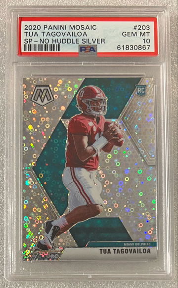 2020 Panini Mosaic Tua Tagovailoa RC #203 SP Variation No Huddle Silver Prizm PSA 10
