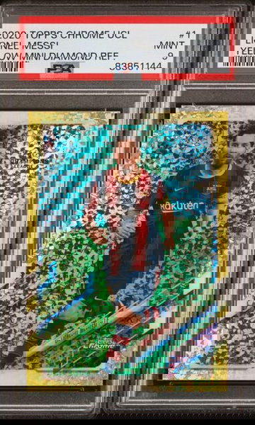 2020-21 Topps Chrome UCL Yellow Mini Diamond Refractor Lionel Messi #1 PSA 9