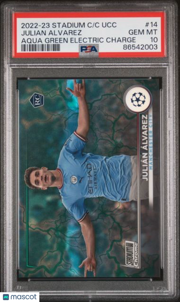 2022-23 Topps Stadium Club Chrome UEFA Club Competitions Julian Alvarez #14 Aq GRN Electric Charge Ref PSA 10