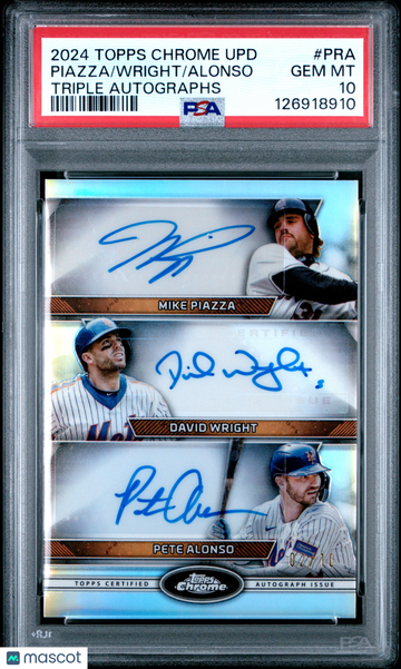 2024 Topps Chrome Update Triple Autographs Alonso Wright Piazza #PRA /10 PSA 10