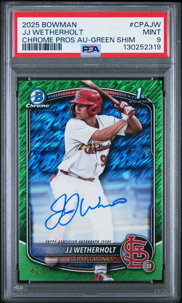 2025 Bowman Chrome Prospect Autograph Green Shimmer Refractor JJ Wetherholt #CPAJW /99 PSA 9