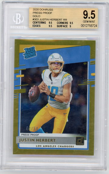2020 Donruss Justin Herbert Press Proof Gold #303 RC #'d 44/50 BGS 9.5 GEM MINT