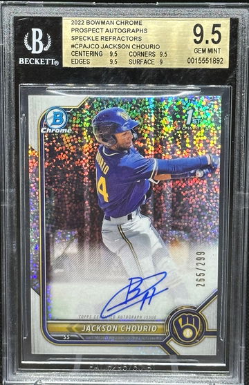 2022 Bowman Chrome Prospect Auto Jackson Chourio Speckle Refractor /299 BGS 9.5