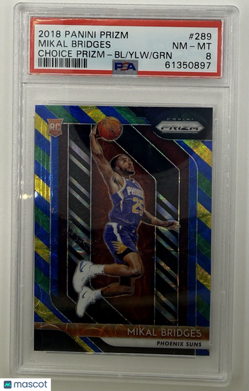 2018-19 Panini Prizm Mikal Bridges #289 Choice Blue Yellow & Green Prizm Parallel/Variety Rookie Base Set PSA 8
