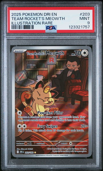 2025 Pokemon Scarlet and Violet Destined Rivals Illustration Rare Team Rocket's Meowth #203 PSA 9