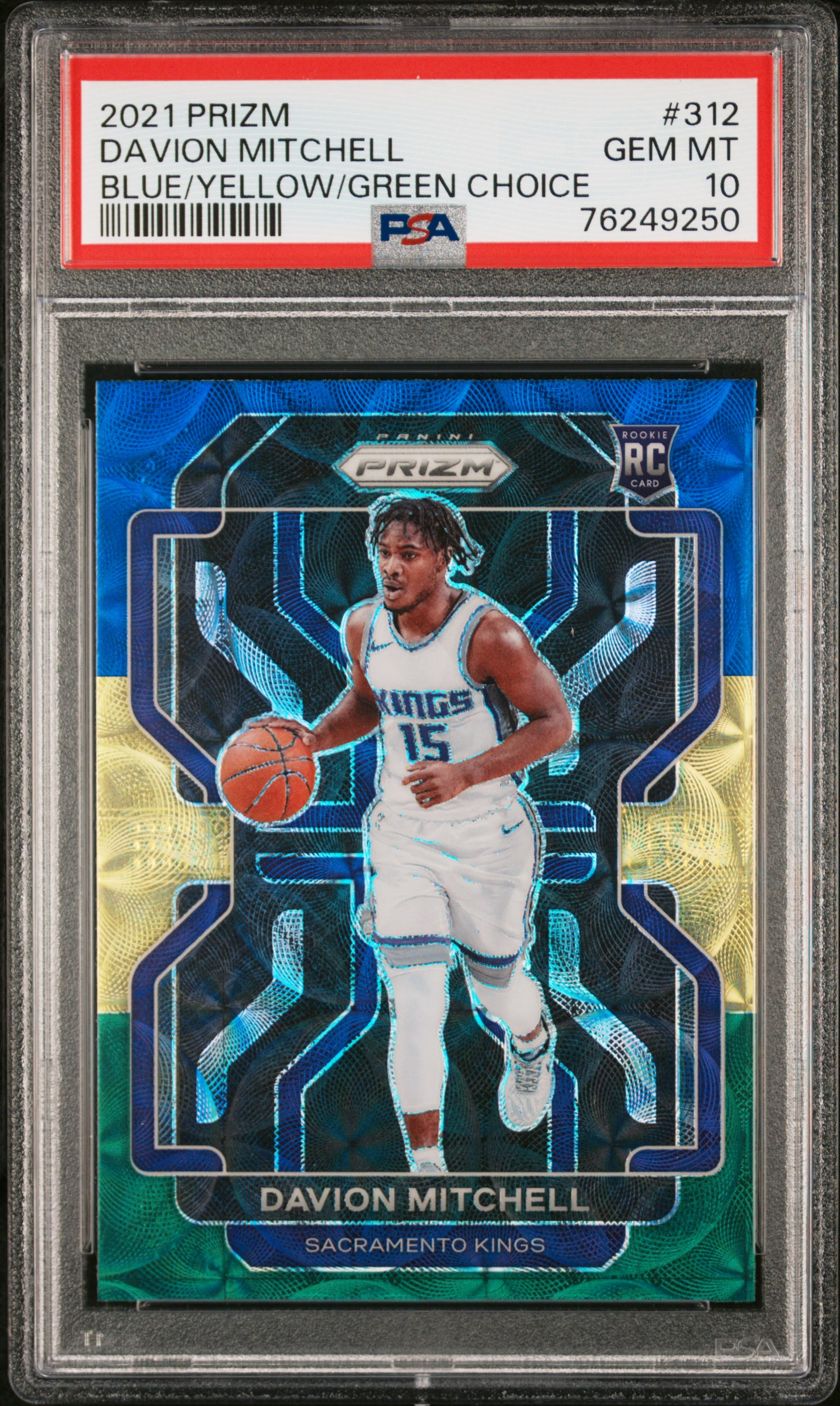Davion Mitchell 2021 Prizm Blue Yellow Green Choice RC #312 Kings Rookie PSA 10