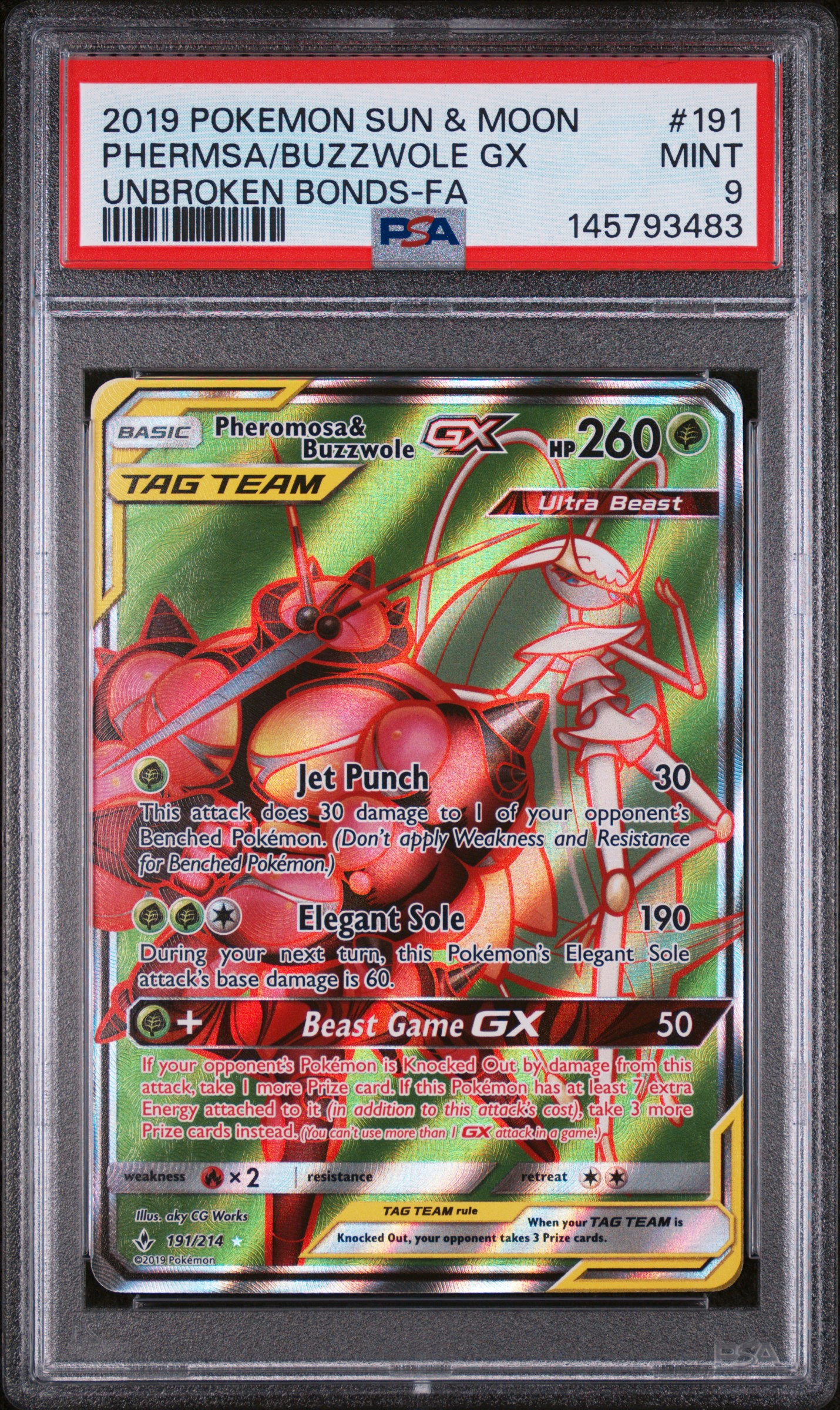 2019 Pokemon Sun & Moon Unbroken Bonds Buzzwole GX Phermsa Unbroken Bonds-Fa PSA 9 #191