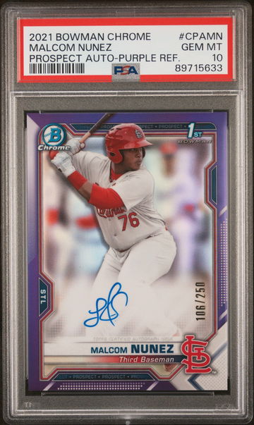 2021 BOWMAN MALCOM NUNEZ CHROME PROSPECT AUTOGRAPHS PROSPECT AUTO-PURPLE REF. #CPAMN PSA 10