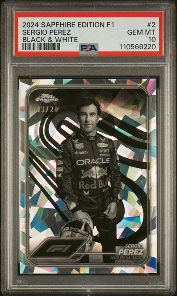 2024 Topps Chrome Sapphire Black & White Sergio Perez #2 /20 PSA 10
