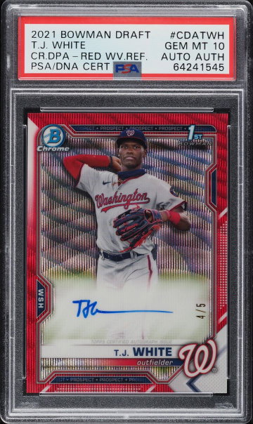 T.J. White 2021 Bowman Chrome Draft Red Wave Refractor #/5 , PSA 10 , Auto