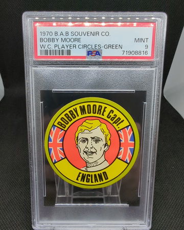 1970 B.A.B. Souvenir Co. World Cup Player Circles Green Bobby Moore PSA 9