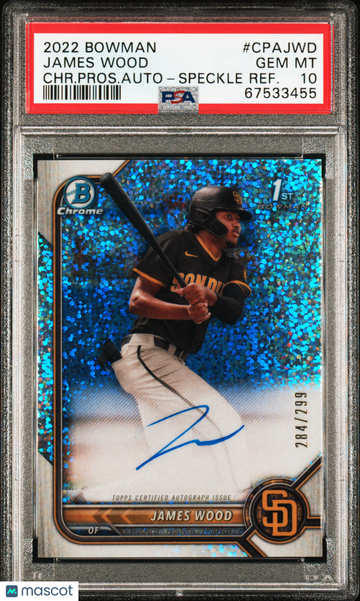 2022 Bowman Chrome Prospect Autographs James Wood #CPAJWD CHR. Pros. Auto Speckle Refractor /299 PSA 10