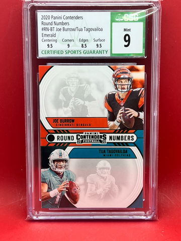 2020 Panini Contenders Joe Burrow/Tua #RN-BT ROUND NUMBERS EMERALD CSG 9