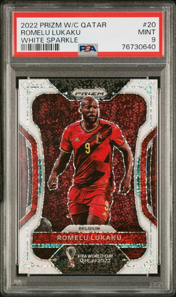 2022 PANINI PRIZM WORLD CUP QATAR ROMELU LUKAKU WHITE SPARKLE SSP #20 PSA 9