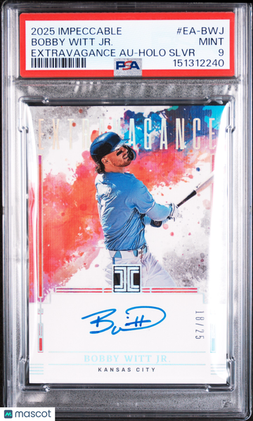 2025 Panini Impeccable Extravagance Autographs Bobby Witt JR. #EA-BWJ Holo Slvr /25 PSA 9