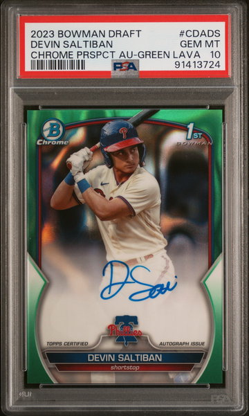 2023 Bowman Draft Chrome Autograph Green Lava Refractor Devin Saltiban #CDADS /99 /999 PSA 10