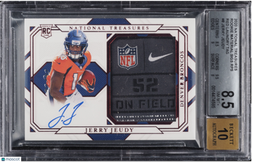 2020 Panini National Treasures Rookie Material Signatures Jerry Jeudy #8 RPS Red Laundry Tag /1 Short Print Parallel/Var