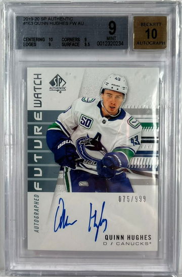 2019 SP Authentic Quinn Hughes Future Watch Autograph Rookie Card #/999 BGS 9/10 Autograph