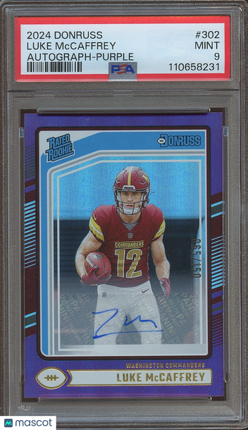 2024 Panini Donruss Luke Mccaffrey #302 Autograph Purple Rookie PSA 9