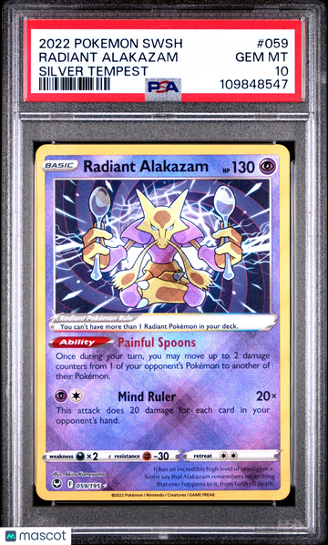 2022 Pokemon Sword & Shield Silver Tempest Radiant Alakazam Silver Tempest PSA 10 #059
