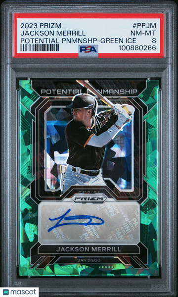 2023 Panini Prizm Potential Penmanship Jackson Merrill #PPJM Pnmnshp Green Ice PSA 8